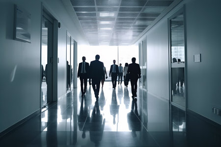 Business people walking in modern office building, crowd of corporate workers, generative AI. Abstract silhouettes of busy people in the lobby. Concept of airport, hall, conference, exhibit.の素材