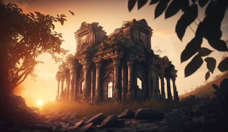 Old oriental temple ruins in jungle at sunset, ancient architecture, generative AI. Scenery of Asian stone temple, sky and sun. Concept of travel, culture of Thailand, India, Cambodia.の素材
