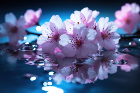 Sakura flowers in water, pink cherry blossoms petals with drops, generative AI. Beautiful delicate flowers in fairy blue light. Theme of spring, nature, beauty, wedding, love.の素材