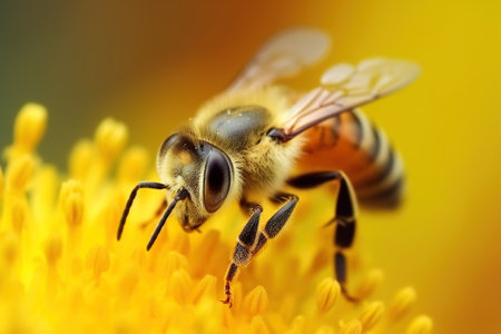 Honey bee collects pollen and nectar on flower, honeybee macro view, generative AI. Wild bee on blossom close up in summer, selective focus. Theme of nature, beekeeping, honeydew.の素材