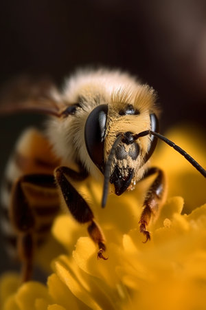 Honey bee collects pollen and nectar on flower, honeybee macro view, generative AI. Wild bee on blossom close up in summer, selective focus. Theme of nature, beekeeping, honeydew.の素材