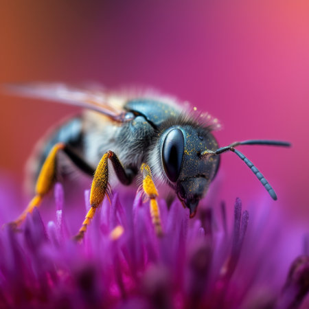 Honey bee collects pollen and nectar on flower, honeybee macro view, generative AI. Wild bee on blossom close up in summer, selective focus. Theme of nature, beekeeping, honeydew.の素材