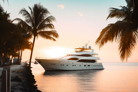 Luxury motor yacht in sea at sunset, expensive rich boat near tropical shore, generative AI. Modern white yacht in ocean in summer. Concept of paradise, water, wealth, travel and tの素材