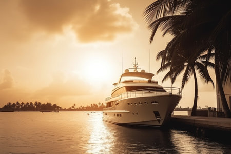 Luxury motor yacht in sea at sunset, expensive rich boat near tropical shore, generative AI. Modern white yacht in ocean in summer. Concept of paradise, water, wealth, travel and tourism.の素材