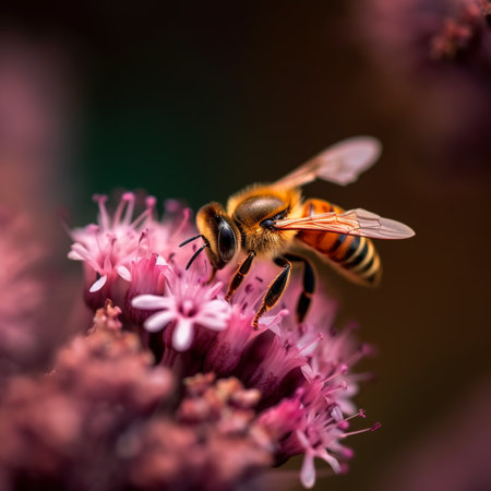 Honey bee collects pollen and nectar on flower, honeybee macro view, generative AI. Wild bee on blossom close up in summer, selective focus. Theme of nature, beekeeping, honeydew.の素材