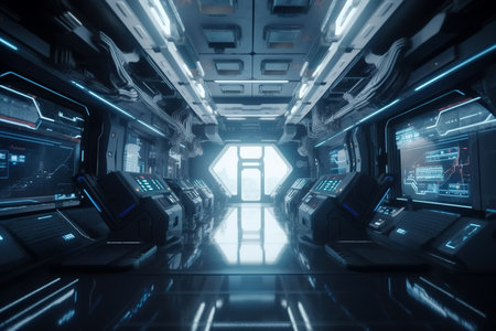 Control room in spacecraft, interior of spaceship or space station, generative AI. Inside futuristic room with computer terminals and screens. Concept of technology, future, sci-fi, starship.の素材