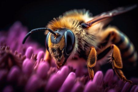 Honey bee collects pollen and nectar on flower, honeybee macro view, generative AI. Wild bee on blossom close up in summer, selective focus. Theme of nature, beekeeping, honeydew.の素材