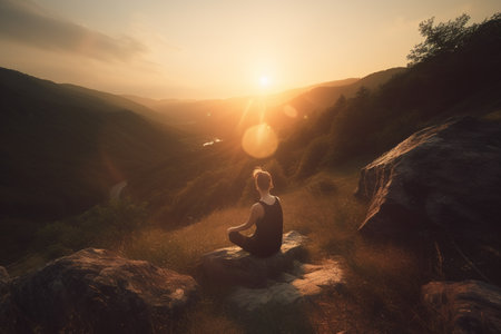 Yoga on mountain top at sunset, young woman doing exercise outdoor, generative AI. Female hiker rests on rock in summer. Concept of fitness, hike, sport, nature, health, zen and peace.の素材