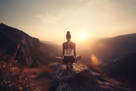 Yoga on mountain top at sunset, young woman doing exercise outdoor, generative AI. Female person sits on rock in summer. Concept of fitness, hike, sport, nature, health and peace.の素材