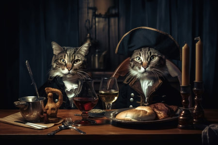 Cats wearing vintage outfit sitting in old tavern, funny pets, generative AI. Animals in medieval clothes, food and drink on wooden table. Concept of humor, adventure, travel.の素材