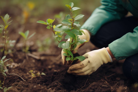 Man planting seedlings into soil, volunteer working with saplings, generative AI. Concept of nature, environment, community, growth, tree.の素材