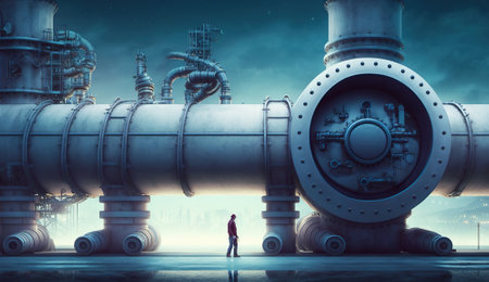 Cyberpunk city, man walks near giant futuristic pipeline, generative AI. Scenery of factory, industrial structure. Concept of gas, oil, future, technology, game, fantasy.の素材