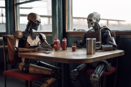 Two robots talks sitting at table, humanoid AI androids in cafe, generative AI. Concept of technology, future, utopia, futuristic, lifestyle.の素材