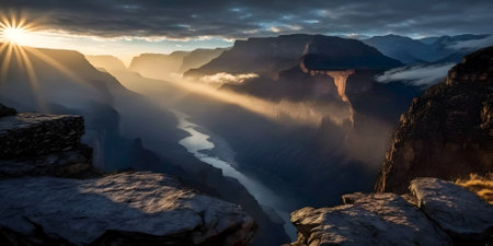 Grand Canyon at sunrise, mountain landscape in summer, generative AI. Panorama of national park, scenery of sky and rocks. Theme of desert, travel, nature, background, Arizonaの素材