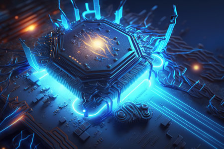 CPU chip on circuit board, processor with magic blue light inside computer, generative AI. Core of artificial intelligence machine. Concept of technology, science, hardware, semiconductor, quantumの素材