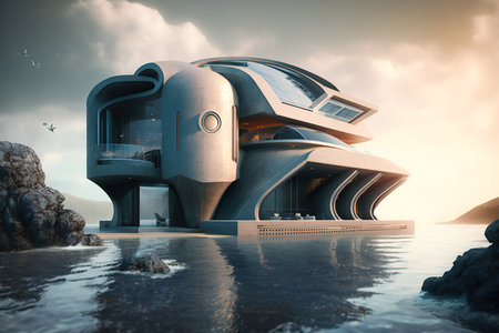 Luxury futuristic villa in sea bay, exterior of modern home on water, generative AI. Landscape with residential house in the future. Concept of architecture, design, nature, summer, fantasy.の素材