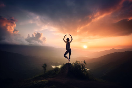 Yoga on mountain top at sunset, woman silhouette on sky background, generative AI. Female hiker doing exercise on rock in summer. Concept of fitness, hike, sport, nature, health, zen and peace.の素材