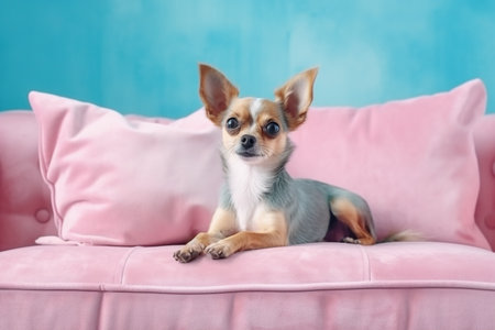 Chihuahua dog lying on pink sofa, cut pet waiting on couch in room, generative AI. Portrait of gray pug or bulldog, dog in bright color interior. Concept of animal, home, fashion, beauty.の素材