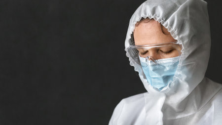 COVID-19 coronavirus and care concept, tired exhausted female doctor or nurse in PPE suit on dark background. Woman wearing protective glasses and medical face mask closed eyes during pandemic.の写真素材