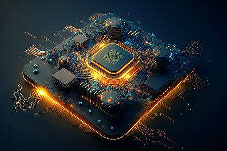 CPU chips circuit board, processor and microchips inside computer, generative AI. Core of artificial intelligence machine with magic light. Concept of technology, science, hardware, semiconductorの素材