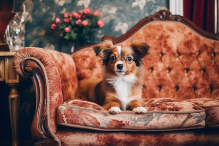 Long haired chihuahua dog sits on vintage couch, cut pet on sofa, generative AI. Portrait of domestic dog in home interior. Concept of animal, rest, room, retro.の素材