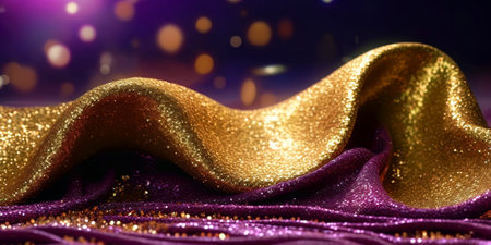 Luxury gold fabric texture background, shiny textile waves pattern, generative AI. Abstract royal material with golden glitter, shine and bokeh. Concept of beauty, rippled surface.の素材