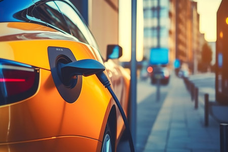 Electric car plugged to charging station with power cable on city street, generative AI. Concept of eco-friendly alternative energy, ev, charger, recharge, modern technology and future.の素材
