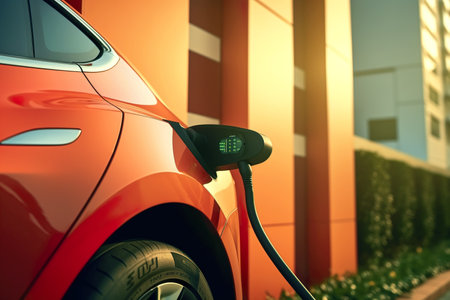 Electric car plugged to charging station outside home with power cable, generative AI. Concept of eco-friendly alternative energy, ev, charger, recharge, modern technology and future.の素材