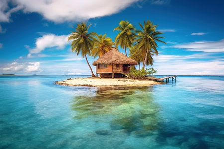 Tropical island with palms, beach and bungalow surrounded by blue water, generative AI. Scenery of small island in ocean. Concept of vacation, travel, nature, summer.の素材