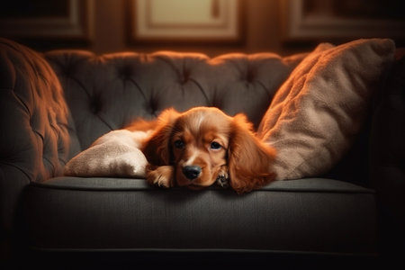 Cocker Spaniel dog lying on couch, cut puppy pet on sofa in room, generative AI. Portrait of domestic dog relaxing in home interior. Concept of animal, rest, room, retro.の素材