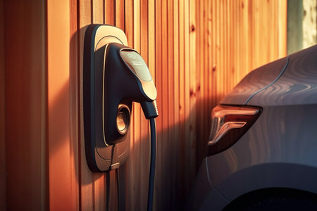 Electric car plugged to charging station outside home with power cable, generative AI. Concept of eco-friendly alternative energy, ev, charger, recharge, modern technology and future.の素材
