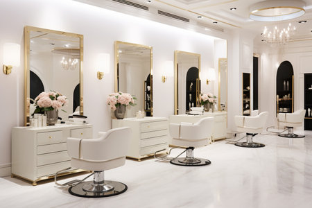 Beauty salon interior, light design of luxury cosmetic service shop, generative AI. Inside beauty studio, spa room. Clean empty trendy salon or store.の素材