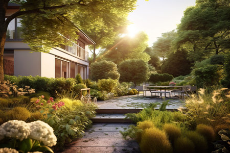 Modern house with patio and terrace, landscaped home garden in summer, generative AI. Concept of landscaping, architecture design, property, project, nature, contemporary villa.の素材