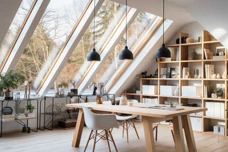 Modern living room interior design in Scandinavian and minimalist style, generative AI. Concept of apartment landscaping, eco design, nature, decor, contemporary dwelling.の素材