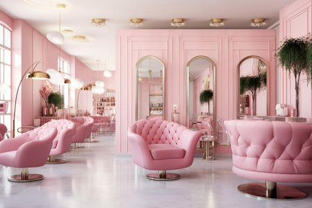 Beauty salon interior, chairs and mirrors in luxury cosmetic service shop, generative AI. Inside beauty studio, spa room. Clean empty trendy salon or store.の素材