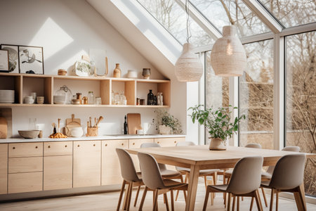 Interior of living room with glass roof in Scandinavian minimalist style, generative AI. Concept of apartment landscaping, eco design, decor, contemporary dwelling.の素材