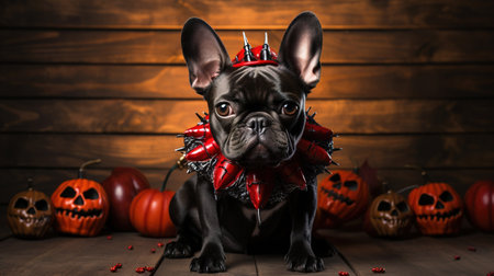 Funny dog in costume on Halloween, black French bulldog with pumpkins, generative AI. Portrait of pet, puppy on wood background. Hallowen, party, animal, holiday, autumn and October concept.の素材