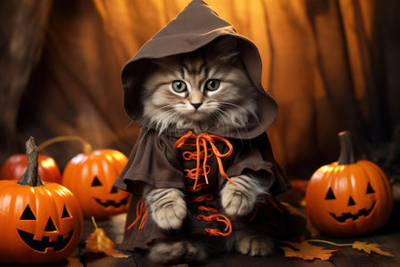 Funny cat in fantasy costume on Halloween, little pet with pumpkins, generative AI. Portrait of cat on orange festive background. Hallowen, party, animal, holiday, autumn and October concept.の素材