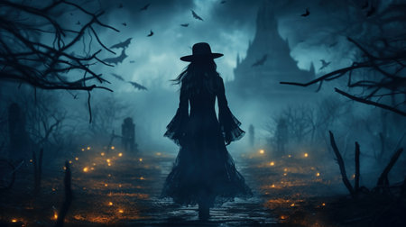 Young woman witch walks alone in magic forest at scary Halloween night, generative AI. Adult girl in gothic costume in wood. Helloween, party, magic and sorcery concept.の素材