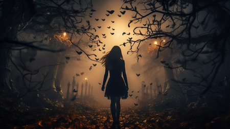 Girl walks through scary haunted forest with bats at Halloween night, generative AI. Scene with young woman and Hallowen in spooky dark magical wood. Helloween, horror and autumn concept.の素材