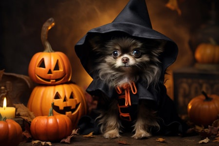 Chihuahua dog in witch costume on Halloween, cute pet with pumpkins, generative AI. Portrait of little dog on dark orange background. Hallowen, party, animal, holiday, autumn and October concept.の素材