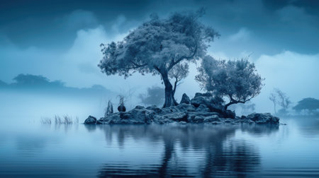 Blue mist in forest, fairy tale enchanted river in mystic twilight, generative AI. Foggy fairytale landscape with misty lake at dusk. Concept of fantasy, nature, Halloween, mystery, wood.の素材