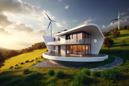 Futuristic house with wind turbines in forest, energy saving technology, generative AI. Scenery of modern sustainable villa at sunset. Concept of nature, landscape, eco design.の素材