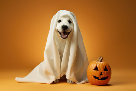 Funny puppy in ghost Halloween costume, cute pet and pumpkin, generative AI. Portrait of little dog on orange studio background. Hallowen, party, animal, autumn and October concept.の素材