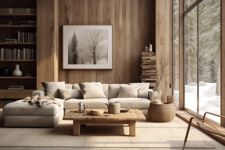 Interior of living room with wood furniture in rustic style in winter, generative AI. Concept of contemporary apartment, nature, decor, eco design, modern house.の素材