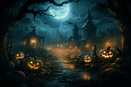 Old haunted town with lights and scary pumpkins on Halloween night, generative AI. Mystic spooky village in dark forest, creepy scene. Horror and mystery concept.の素材