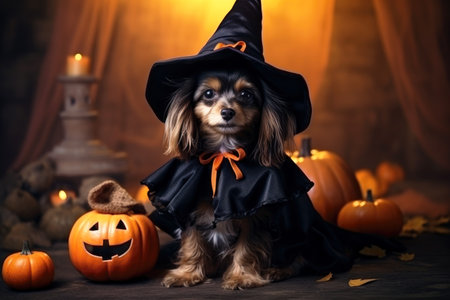 Cute little dog in Halloween costume and pumpkins, little pet indoor, generative AI. Portrait of funny puppy in room. Helloween, party, animal, autumn and October concept.の素材