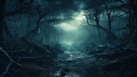 Creepy dark wood, spooky dry trees with roots and path in fairy forest, generative AI. Landscape of fairytale haunted place at night. Concept of fantasy, nature, Halloween, horror, mystery.の素材