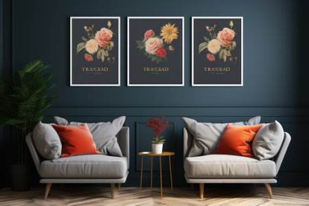 Vintage interior design with three frame mockup posters on dark wall, generative AI. Concept of minimalist style of living room, contemporary apartment.の素材