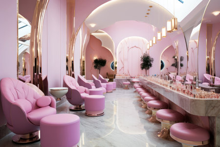 Luxury beauty salon interior, inside modern pink cosmetic service shop, generative AI. Trendy studio, spa room. Clean empty nail salon or store. Fashion, glamor and design concept.の素材
